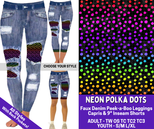 Preorder! Closes 4/9. ETA June. Neon Polka Dots Combo Faux Denim Peekaboo Legging Lengths