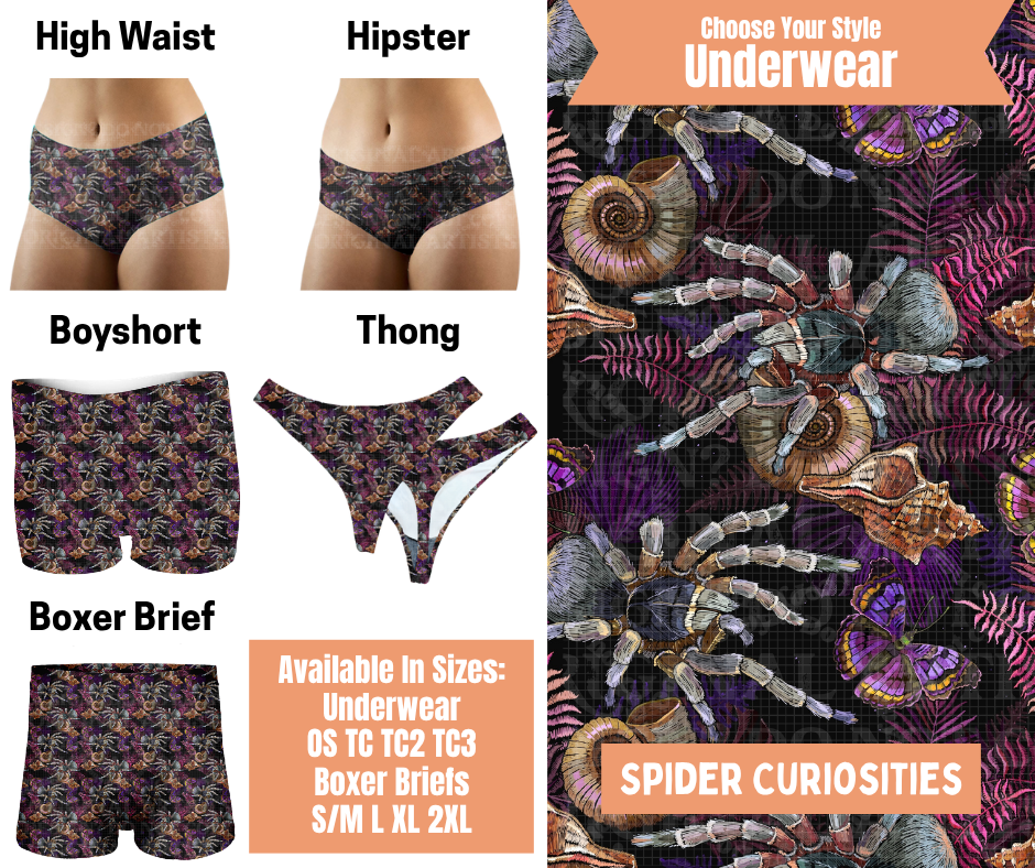Preorder! Closes 11/5. ETA Feb. Spider Curiosities Hipster, High Waist, Boyshort, & Thong Underwear & Boxer Briefs