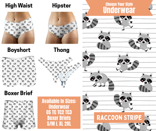 Preorder! Closes 11/5. ETA Feb. Raccoon Stripe Hipster, High Waist, Boyshort, & Thong Underwear & Boxer Briefs