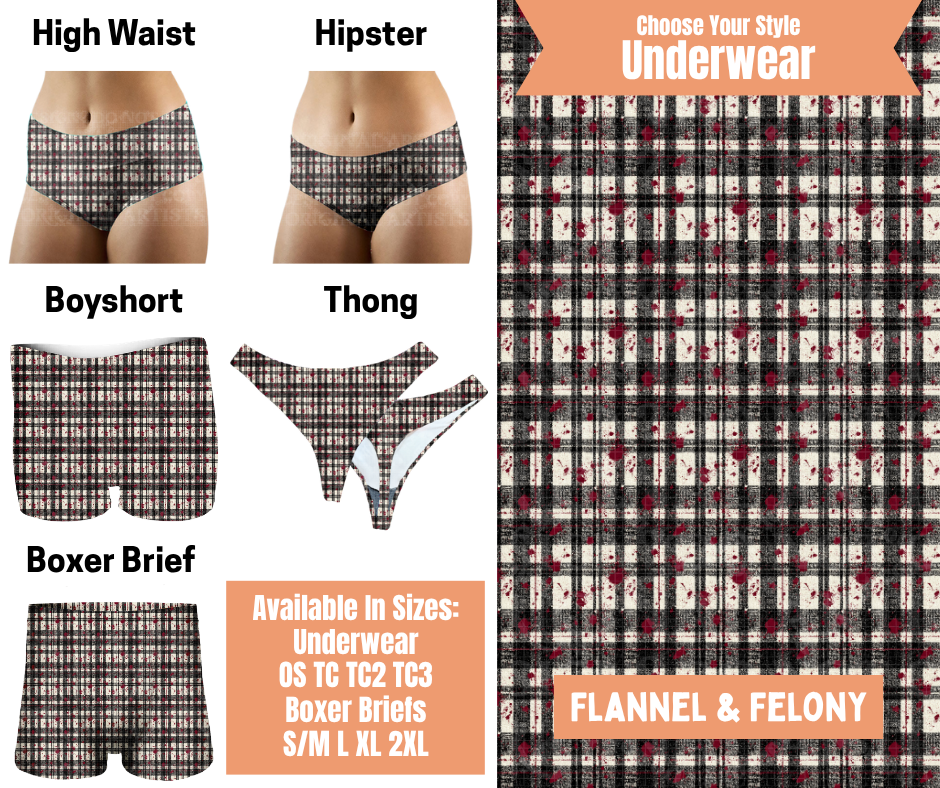 Preorder! Closes 11/5. ETA Feb. Flannel & Felony Hipster, High Waist, Boyshort, & Thong Underwear & Boxer Briefs