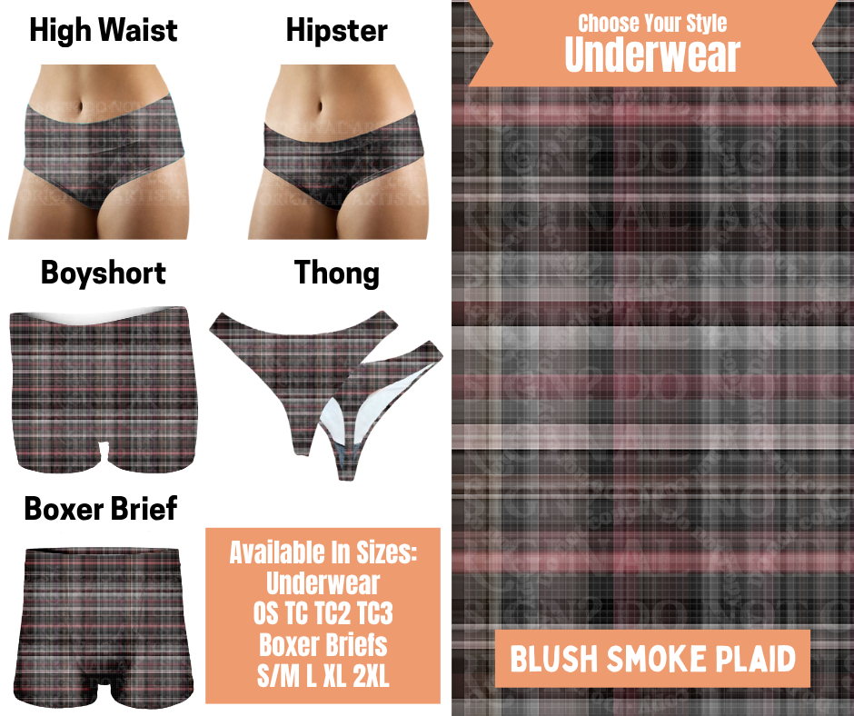 Preorder! Closes 11/5. ETA Feb. Plush Smoke Plaid Hipster, High Waist, Boyshort, & Thong Underwear & Boxer Briefs