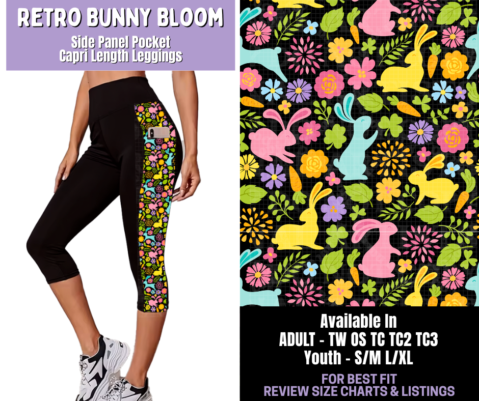 Preorder! Closes 1/22. ETA April. Retro Bunny Bloom Side Panel Pocket Capri Length Leggings