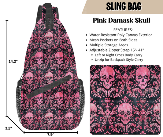 Preorder! Closes 6/11. ETA Sept. Pink Damask Skull Sling Bag