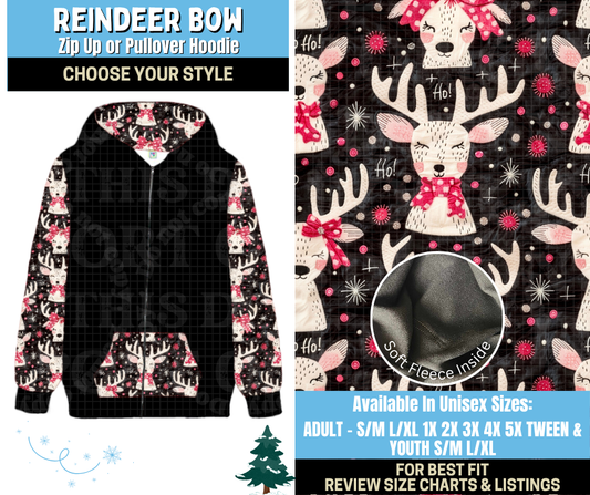 Preorder! Closes 8/28. ETA Nov. Reindeer Bow Zip-Up or Pullover Hoodie