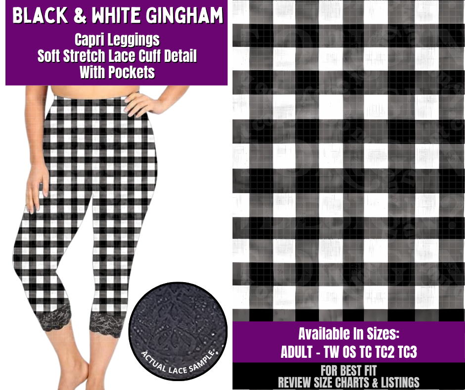 Preorder! Closes 4/22. ETA July. Black & White Gingham Lace Cuff Capris w/ Pockets