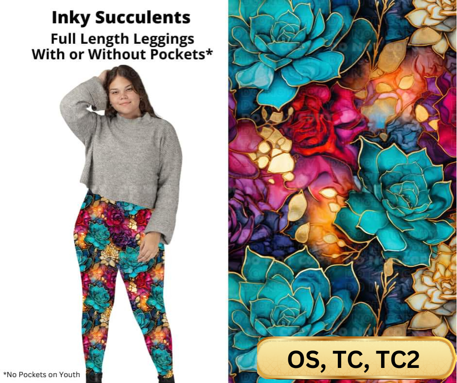 Inky Succulents Full Length Leggings w/ Pockets