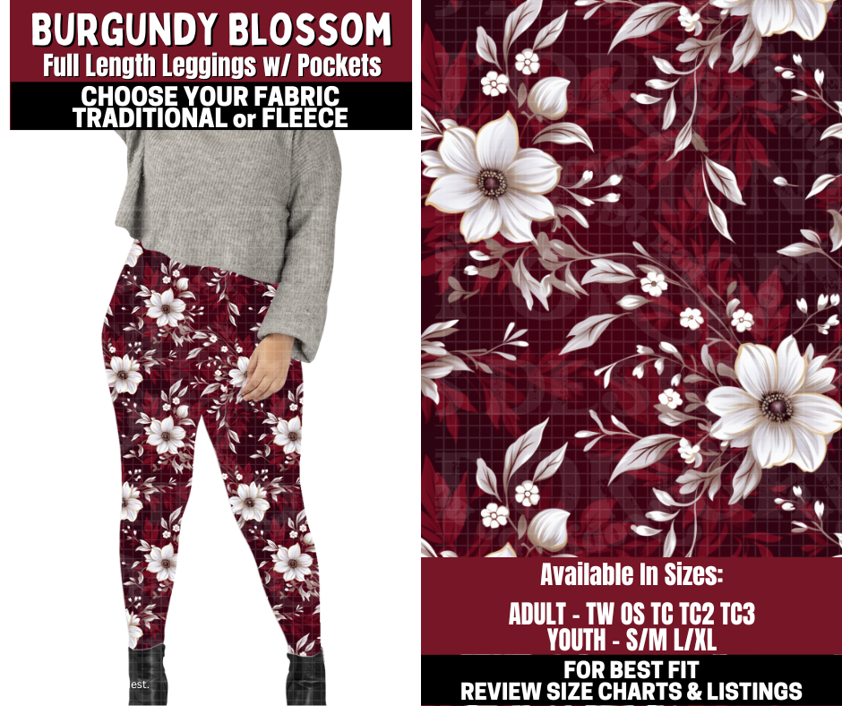 Preorder! Closes 10/22. ETA Jan. Burgundy Blossom Leggings Choose Fleece or Traditional
