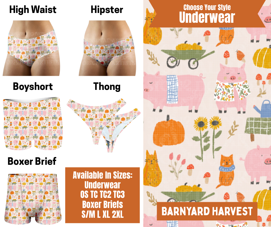 Preorder! Closes 7/30. ETA Oct. Barnyard Harvest Hipster, High Waist, Boyshort, & Thong Underwear & Boxer Briefs