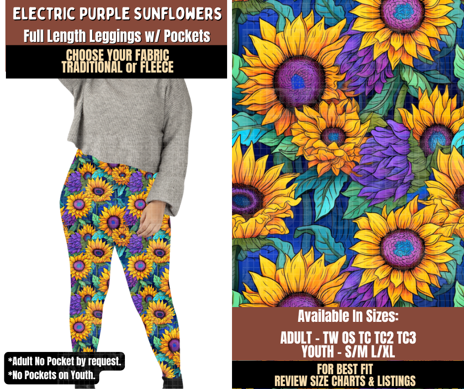 Preorder! Closes 7/27. ETA Oct. Electric Purple Sunflowers Leggings Choose Fleece or Traditional