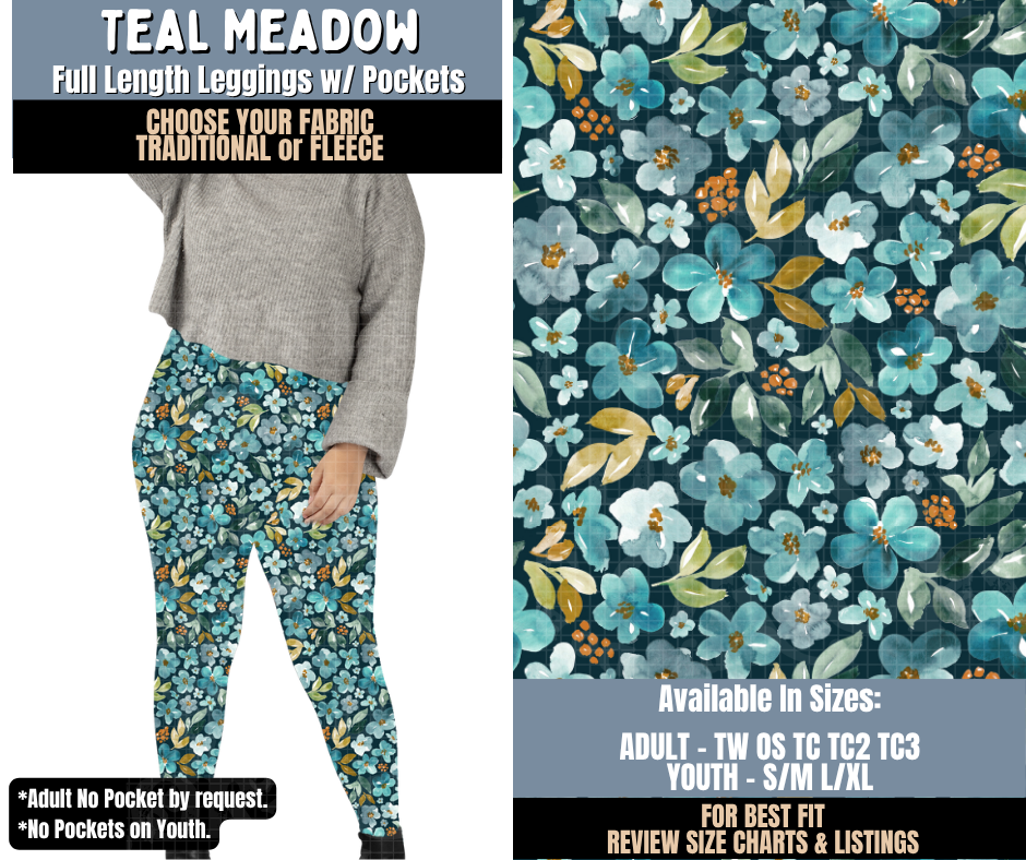 Preorder! Closes 9/24. ETA Dec. Teal Meadow Full Length Leggings w/wo Pockets