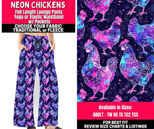 Preorder! Closes 10/23. ETA Jan. Neon Chickens Lounge Pants Choose Fleece or Traditional