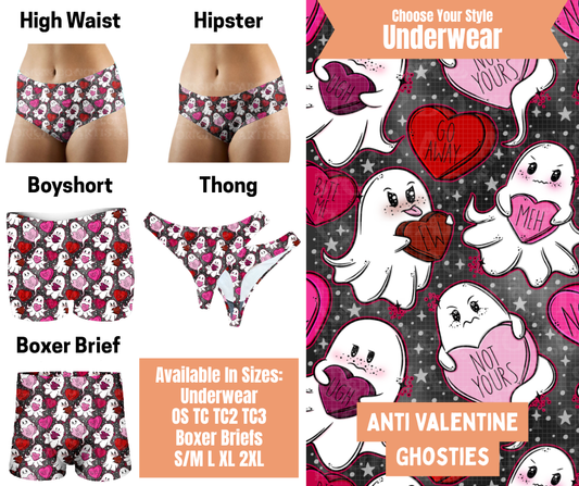 Preorder! Closes 11/5. ETA Feb. Anti Valentine Ghosties Hipster, High Waist, Boyshort, & Thong Underwear & Boxer Briefs