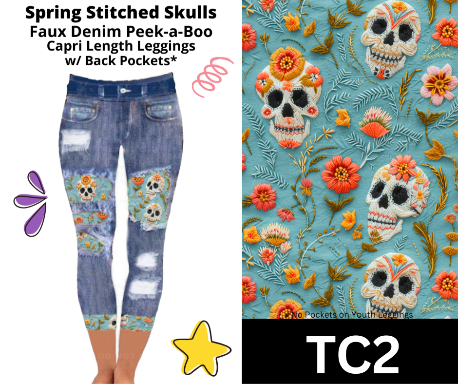 Spring Stitched Skulls Capri Faux Denim Peekaboo