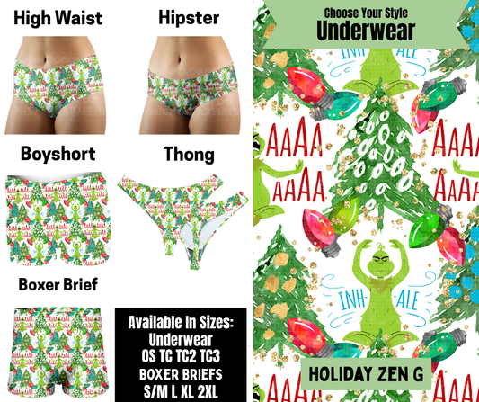 Preorder! Closes 8/25. ETA Nov. Holiday Zen G Hipster, High Waist, Boyshort, & Thong Underwear & Boxer Briefs