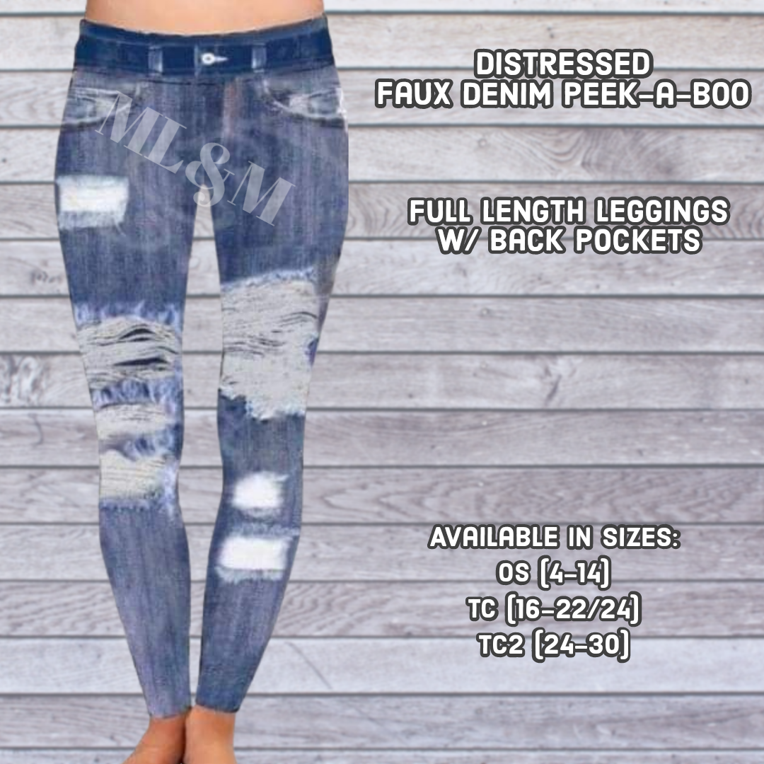 Distressed Faux Denim Full Length Leggings