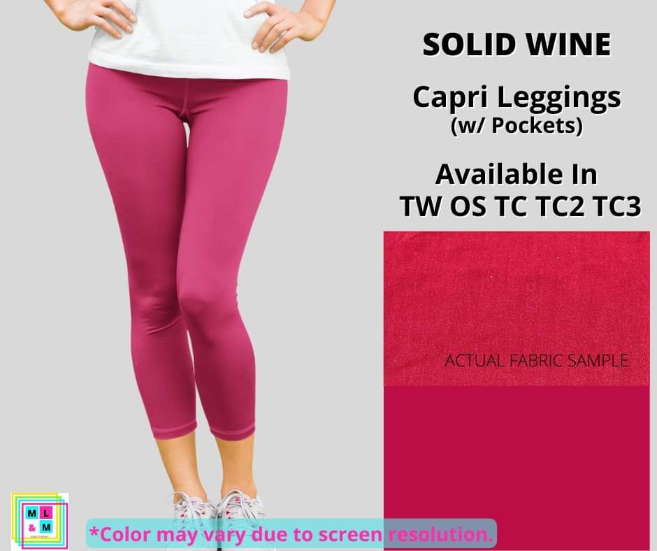 Solid Wine Capri Leggings w/ Pockets